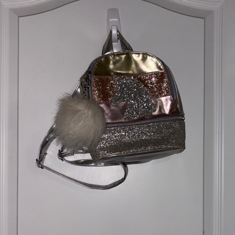 Justice Kids Gold and Silver Unicorn Mini Backpack w Pom Pom - Picture 5 of 6